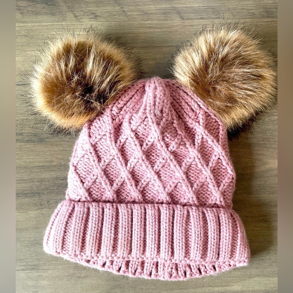 Kids Pink double pompom knit beanie